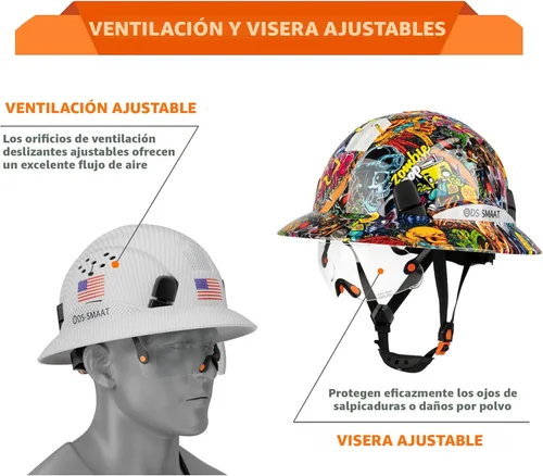 Miniatura 2 de Casco duro de ala completa con visera, casco de seguridad de suspensión de trinquete de 6 puntos, protección superior de impacto para la cabeza