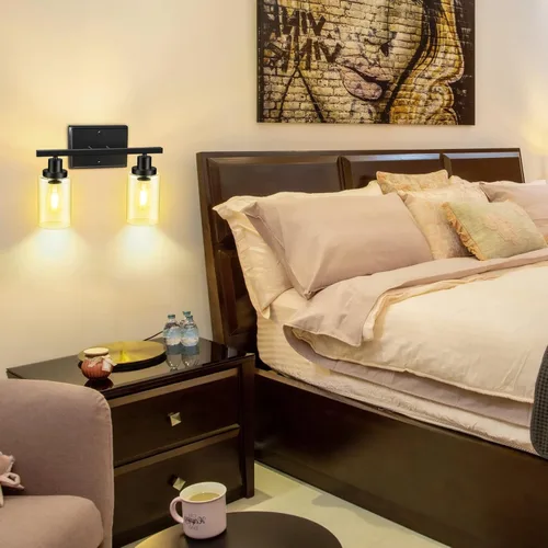 Miniatura 4 de Ascher 2 luces de pared, lámpara de tocador moderna con acabado negro, luz de pared con pantalla de vidrio transparente para espejo, pasillo