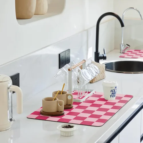 Miniatura 10 de Ohocut Tapete de secado de platos a cuadros para encimera de cocina, accesorios de estación de cafetería, estética, retro, moderna, absorbente