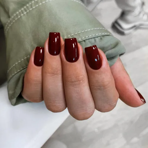 KQueenest Uñas postizas cortas a presión de color rojo oscuro, cuadradas, medianas, color burdeos, uñas con pegamento para mujer, uñas postizas