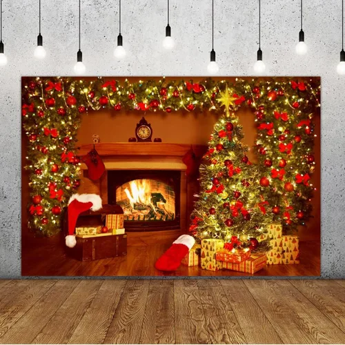 Lofaris Telón de fondo de Navidad para chimenea, interior vintage, medias de árbol de Navidad, estrellas brillantes, fondo para fotografía, retrato