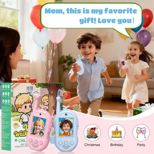 Miniatura 6 de Walkie Talkies de video para niños, paquete de 2, Walkies talkies para niños con cambiador de voz y efecto adhesivo, juguetes recargables de largo