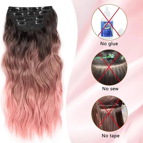 Miniatura 7 de 4 piezas de extensiones de cabello rizado con clip, color dorado oscuro, mezcla de rubio beige, sintético de 20 pulgadas de largo, extensiones