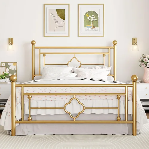 SHA CERLIN Marco de cama de plataforma de metal tamaño Queen de 14 pulgadas, cabecero y pie de cama de arte de hierro vintage, base de colchón para