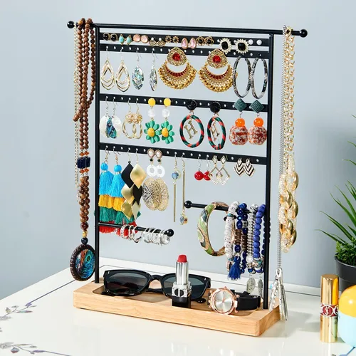 Miniatura 4 de Bielebbi Organizador de aretes, soporte para pendientes y soporte para joyas con soporte para collar de 4 niveles, bandeja de madera adecuada