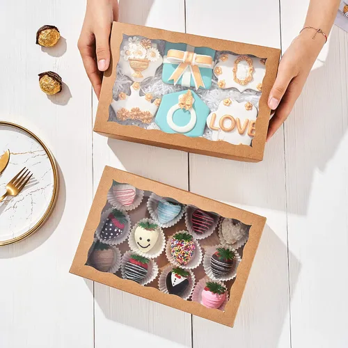 Miniatura 7 de Cajas de cartón de alta calidad de 10 x 7 x 2.5 pulgadas con ventana transparente para galletas, fresas paquete con 25 unidades. Kraft marrón