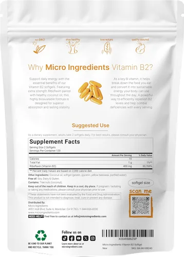 Miniatura 2 de Vitamina B2, riboflavina 400 mg 240 cápsulas blandas con aceite de coco Altamente biodisponible Suplementos energéticos de vitamina B extra