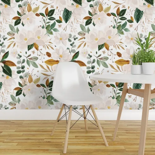 Miniatura 3 de Muestra de papel tapiz extraíble - Magnolias florales doradas flores blancas papel pintado prepegado personalizado por Spoonflower