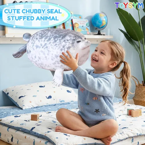 Miniatura 4 de TOYSYM - Almohada de foca gordita de peluche linda con 4 peluches bebés en su barriga, juguete de animales de algodón suave para regalos para niños