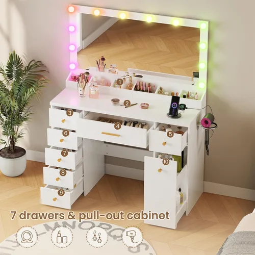 Miniatura 4 de LAKEMID Escritorio de tocador blanco con espejo y luces, mesa de tocador de maquillaje con salida y 8 cajones, escritorio de maquillaje con luces