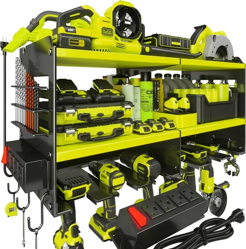 Miniatura 14 de Spampur Organizador grande de herramientas eléctricas de montaje en pared con estación de carga, estante de almacenamiento de herramientas de metal