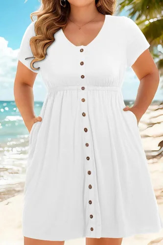 Miniatura 39 de Holipick Vestidos de verano para mujer, talla grande, casual, con bolsillos, acampanado, con botones, sin mangas, cuello en V