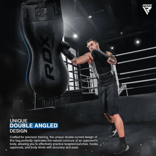 Miniatura 3 de RDX Saco de boxeo de doble ángulo de 4 pies con guantes y cadena colgante de 6 paneles – Uppercut & Body Shot Bolsa de boxeo pesada para Muay Thai