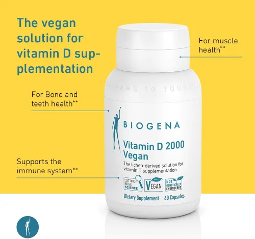 Miniatura 3 de Biogena Vitamina D 2000 Fórmula vegana – Suplemento de vitamina D3 solar para absorción de calcio, apoyo inmunológico – 60 cápsulas**
