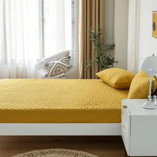 Miniatura 6 de vctops Sábana bajera acolchada impermeable, protector de colchón ultra suave, elástico y ajustable con bolsillo profundo (amarillo, matrimonial)