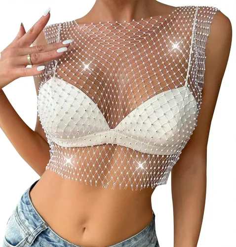 Meladyan Camiseta sin mangas sexy de malla transparente transparente con tachuelas de diamantes de imitación para mujer, cubierta de cristal de