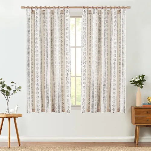 Miniatura 3 de jinchan Cortinas bohemias a rayas para sala de estar, cortinas de lino estilo granja de 63 pulgadas de largo, 2 paneles para dormitorio, mudcloth