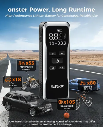 Miniatura 6 de JUSUOX Inflador de neumáticos, compresor de aire portátil, bomba de aire inalámbrica para neumáticos de automóvil de 150 PSI con batería y 12 V CC