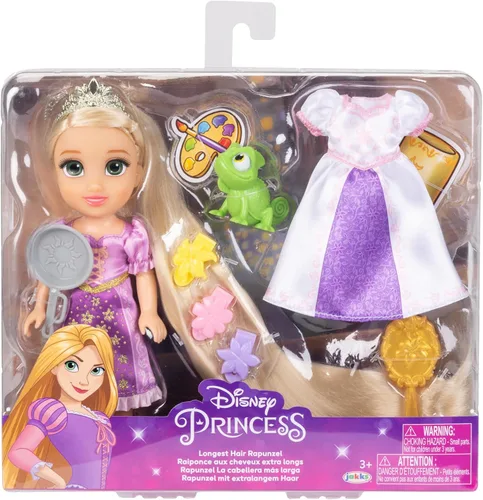 Miniatura 6 de Disney Princess Rapunzel Doll Muñeca Rapunzel de pelo largo Petite con Pascal, en moda de vestir púrpura y blanco