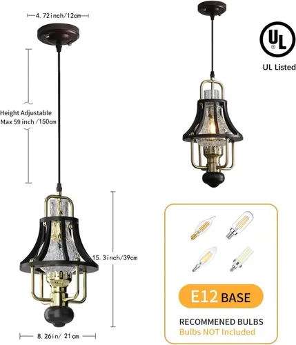 Miniatura 2 de Candelabro de casa de campo moderno, lámpara colgante rústica vintage, lámpara de araña con pantalla de vidrio craquelado, base de jaula de madera