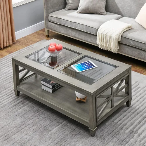 Miniatura 3 de LEEMTORIG KFZ-1318-AN - Mesa de centro de madera maciza de cristal con almacenamiento, mesa de centro de madera rústica para sala de estar
