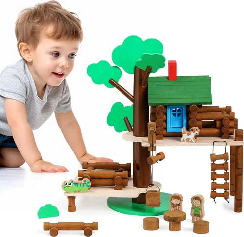 Miniatura 8 de SainSmart Jr. Juego de construcción de casa de árbol de madera de 2 niveles, regalo educativo para niños, juguete creativo STEM con cabañas y hojas