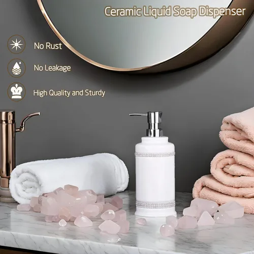 Miniatura 2 de Botella dispensadora de jabón de mano de 17 onzas líquidas y loción, de cerámica, color blanco para cocina, baño, encimera, lavandería, capacidad