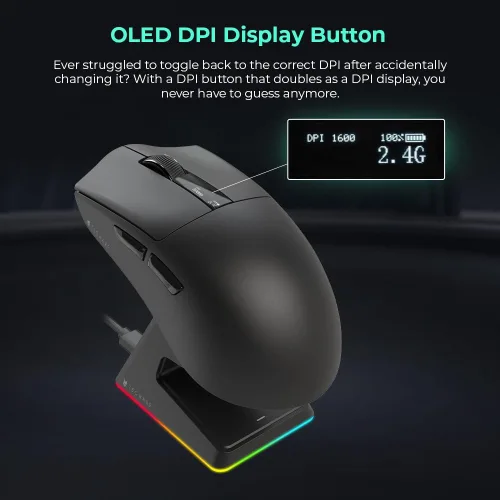 Miniatura 5 de TECWARE EX1 - Mouse ligero para juegos Mouse inalámbrico de 26 K DPI con pantalla OLED Diseño ultraligero de 2.08 oz Base de carga RGB Negro