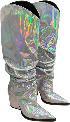 Miniatura 18 de Vertundy Botas altas hasta la rodilla metálicas con punta puntiaguda para mujer, botas altas de tacón alto de charol plisadas, botas largas plisadas