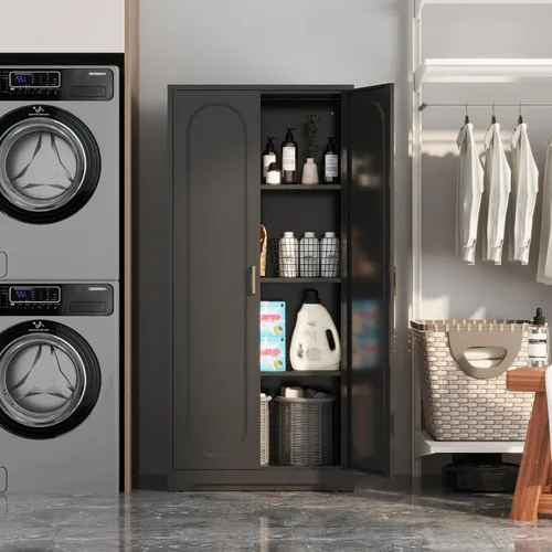 Miniatura 6 de SteeLoong - Gabinetes de almacenamiento de cocina de metal, armario de despensa de 60" con puertas y 4 estantes ajustables, armario alto negro