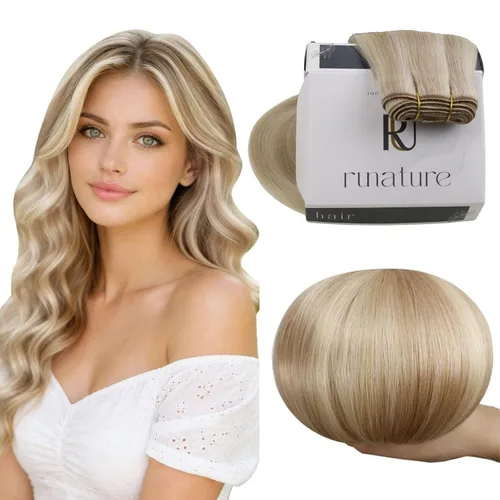RUNATURE Extensiones de cabello humano rubio con trama para coser, para mujer, añade volumen al cabello, 12 pulgadas, 2.47 onzas (2.47 oz), reflejos