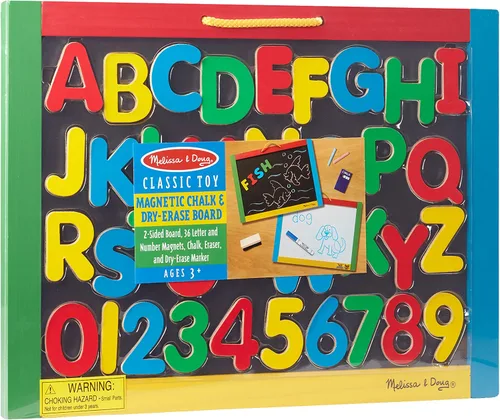 Miniatura 6 de Melissa & Doug Pizarra magnética y pizarra de borrado en seco con 36 imanes (números y letras mayúsculas), tiza, borrador y bolígrafo de borrado