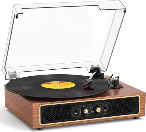 Miniatura 17 de Tocadiscos retro Bluetooth con altavoces integrados, tocadiscos de 3 velocidades por correa, control de graves y agudos, reproductor de vinilo Negro