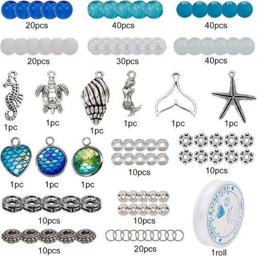 Miniatura 2 de SUNNYCLUE 1 caja de 270 piezas de kit de fabricación de pulseras con tema oceánico, cuentas de cristal coloridas de 0.236 in, tortugas, sirenas