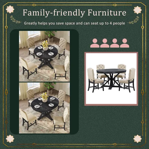 Miniatura 5 de Farmhouse - Juego de mesa de comedor de 5 piezas, mesa de comedor redonda extensible con 4 cómodas sillas tapizadas, juego de muebles funcionales