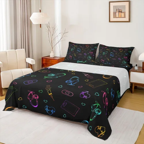 Miniatura 41 de Erosebridal Nurse Sheet Set Stethoscope Twin Sheets Set for Teen Boys,Colorful Medical Healthcare Heartbeat Syringe Fitted Sheet