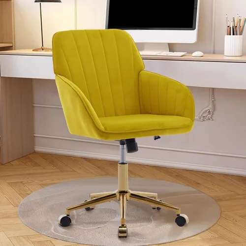 Miniatura 12 de Silla de oficina en casa, silla giratoria de terciopelo para escritorio, sillón tapizado moderno con base dorada para niñas y mujeres, asiento
