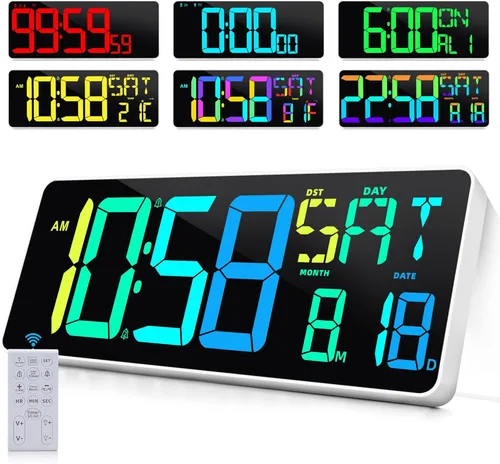 Reloj de pared digital grande con temporizador de 13.5 pulgadas, pantalla grande disponible en 11 modos de color, reloj de pared LED con