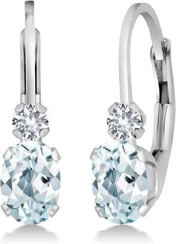 Gem Stone King Aretes de oro blanco de 14 quilates con aguamarina azul cielo y zafiro blanco creado para mujer (0.94 qt ovalado 34 pulgadas), Metal,