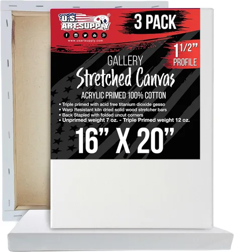 U.S. Art Supply Lienzo grande estirado para pintar de 16 x 20 pulgadas, profundidad de galería, 1-1/2 pulgadas de grosor, paquete de 3 – 12 onzas de