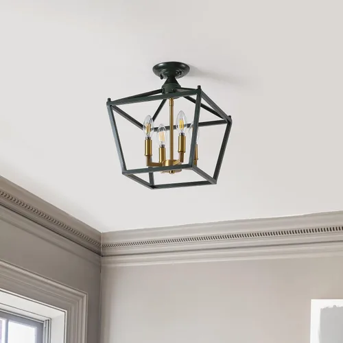 Miniatura 9 de JONATHAN Y Plains 12" Dark Green and Brass Gold 4-Light Iron Semi Flush Mount Lantern, Modern Farmhouse Open-Frame Pagoda with Metal Cage for