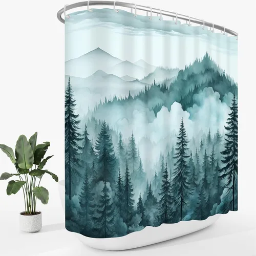 Miniatura 25 de Cortina de ducha pequeña de 36 x 72 pulgadas, cortina de medio tamaño de bosque brumoso, cortina de ducha estrecha mitad negra y blanca de montaña