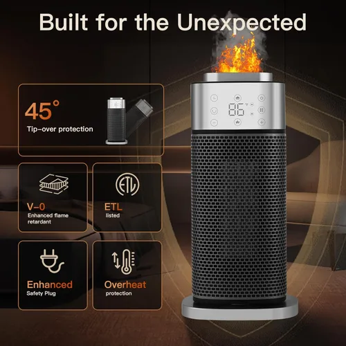 Miniatura 3 de RELF Calentador de cerámica PTC de 1500 W con humidificador, oscilación de 70°, control remoto, modo ECO, temporizador y protección contra vuelcos