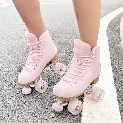 Miniatura 2 de Patines de ruedas para mujer o hombre con topes de goma ajustables en altura, patines retro de gamuza cuádruples para exteriores e interiores Rosa