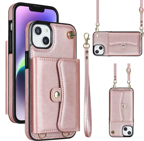Funda para iPhone 13 de 6.1 pulgadas, bolso cruzado con correa de hombro, funda protectora de moda para iPhone 13 (oro rosa)