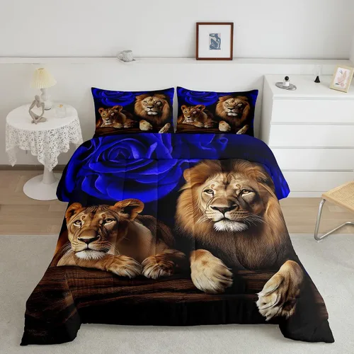 Miniatura 35 de Erosebridal Juego de ropa de cama de guepardo con rosa azul, juego de edredón con estampado de leopardo y gato, edredón romántico de plumón