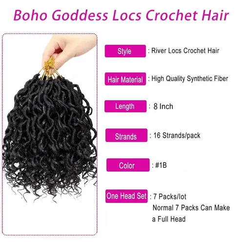 Miniatura 2 de 8 pulgadas Goddess Faux Locs pelo de ganchillo para mujer negro 7 paquetes de rastas estilo bohemio río para mujeres niños cabello pre rizado