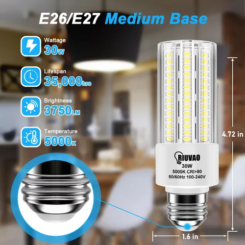 Miniatura 2 de RIUVAO Paquete de 2 bombillas LED, equivalente a 250 W, 30 W, 3750 lúmenes, súper brillante, 5000 K, luz blanca fría, bombilla LED E26/E27, base