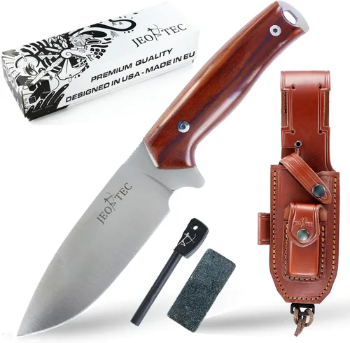 Miniatura 10 de JEO-TEC Nº21 Bushcraft Survival Hunting Cuchillo táctico de hoja fija - BOHLER N690C Acero Inoxidable, Funda de Cuero Multiposicionada, Piedra BLACK