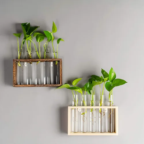 Miniatura 2 de Kingbuy Estación de propagación de pared con 5 jarrones de tubo de ensayo, soporte de madera vintage, maceta colgante de pared para plantas